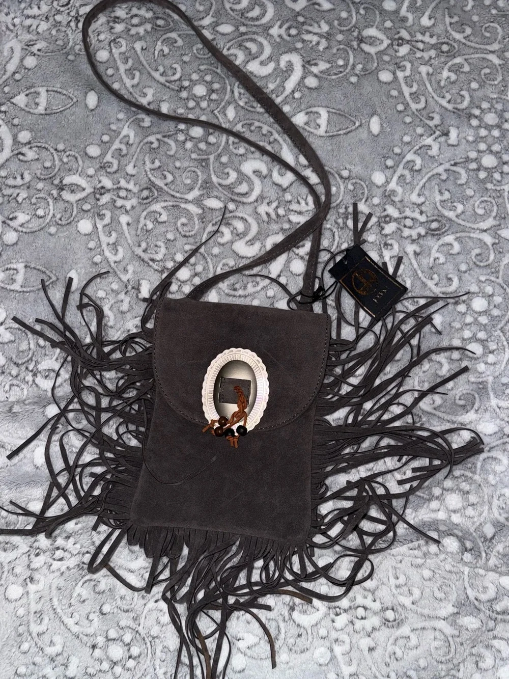 Jorine Gray Suede Fringe Crossbody Bag Western Boho Concho NWT